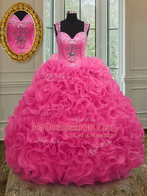 Fitting Straps Sleeveless Beading and Ruffles Zipper Quinceanera Gowns