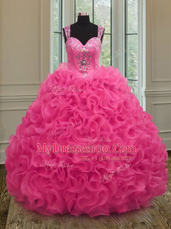 Fitting Straps Sleeveless Beading and Ruffles Zipper Quinceanera Gowns