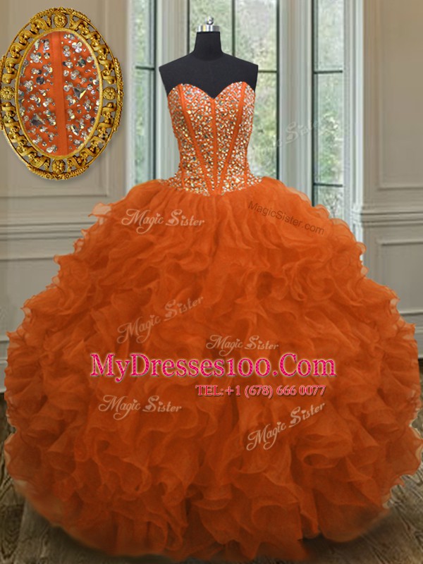 Custom Designed Orange Red Sleeveless Floor Length Beading and Ruffles Lace Up Quinceanera Gowns