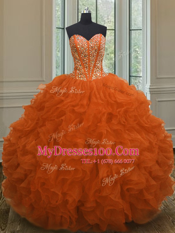 Custom Designed Orange Red Sleeveless Floor Length Beading and Ruffles Lace Up Quinceanera Gowns