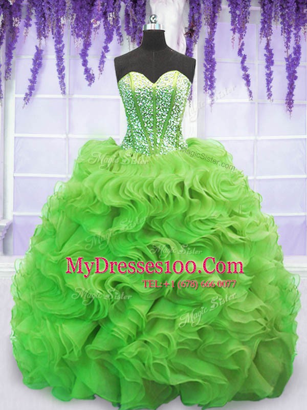 Customized Organza Lace Up Quinceanera Dresses Sleeveless Sweep Train Beading and Ruffles