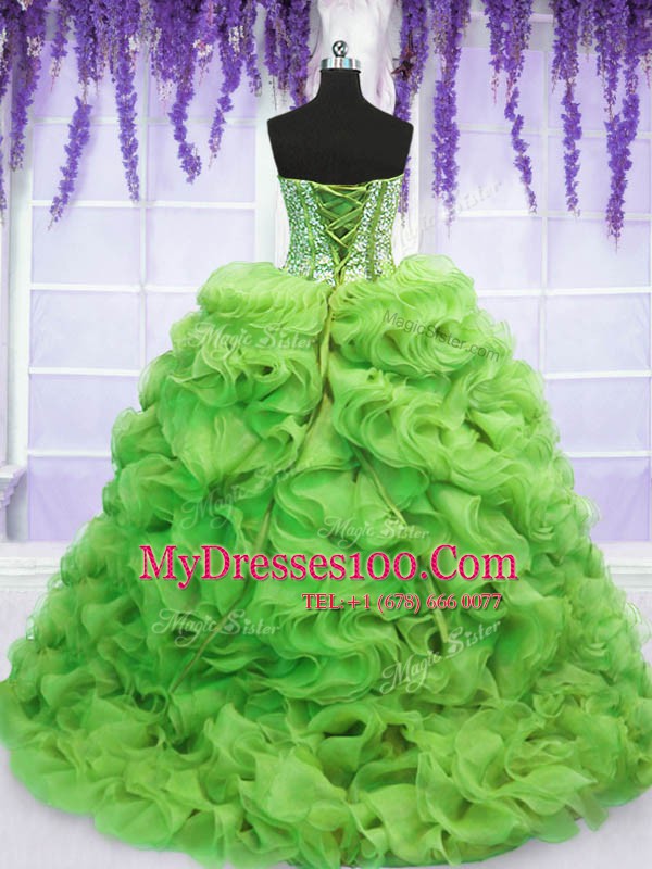Customized Organza Lace Up Quinceanera Dresses Sleeveless Sweep Train Beading and Ruffles
