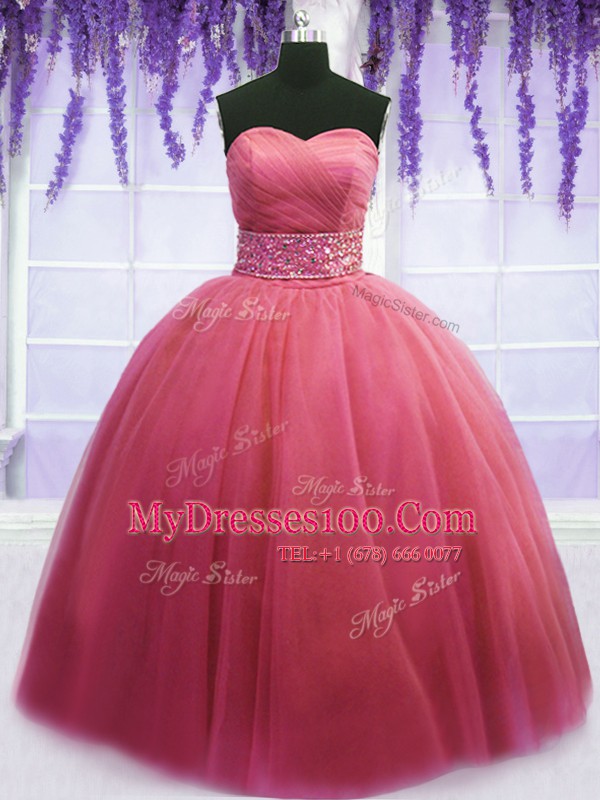 Wonderful Pink Sleeveless Floor Length Beading and Belt Lace Up Quince Ball Gowns
