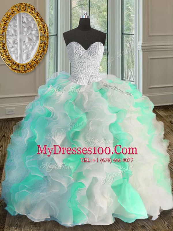 Sleeveless Floor Length Beading and Ruffles Lace Up Sweet 16 Dresses with Multi-color
