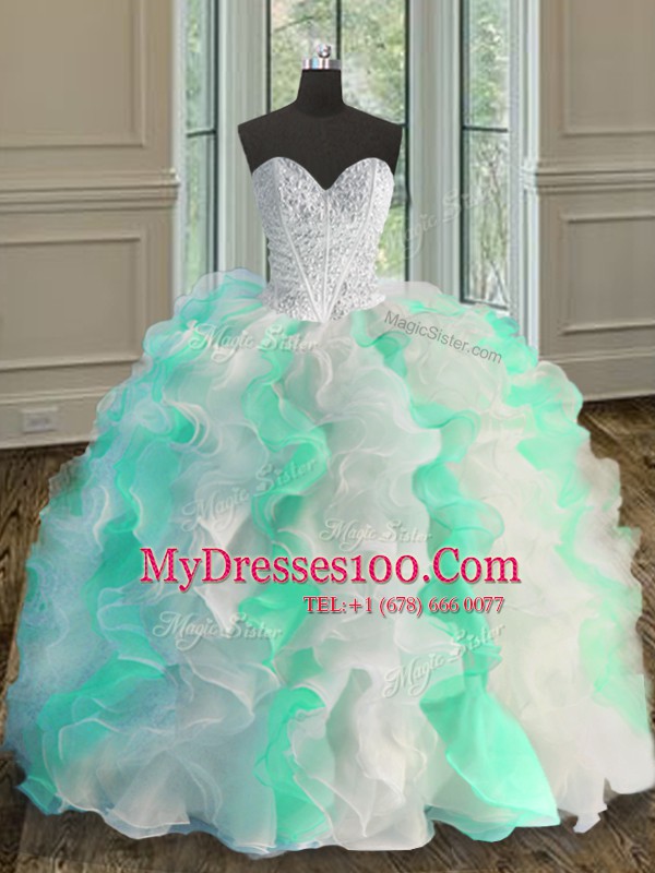 Sleeveless Floor Length Beading and Ruffles Lace Up Sweet 16 Dresses with Multi-color