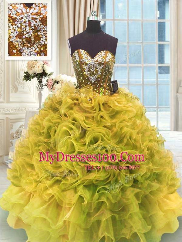 Sweetheart Sleeveless 15 Quinceanera Dress Floor Length Beading and Ruffles Gold Organza