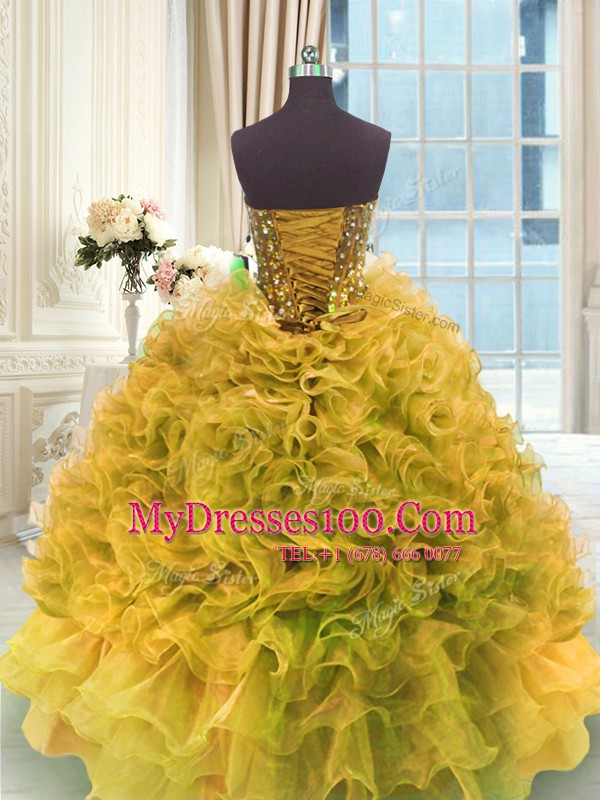 Sweetheart Sleeveless 15 Quinceanera Dress Floor Length Beading and Ruffles Gold Organza
