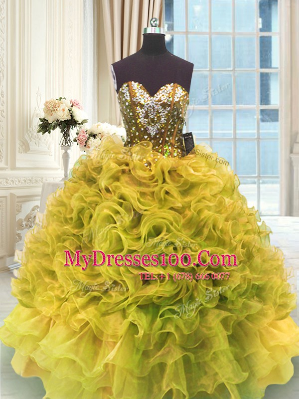 Sweetheart Sleeveless 15 Quinceanera Dress Floor Length Beading and Ruffles Gold Organza