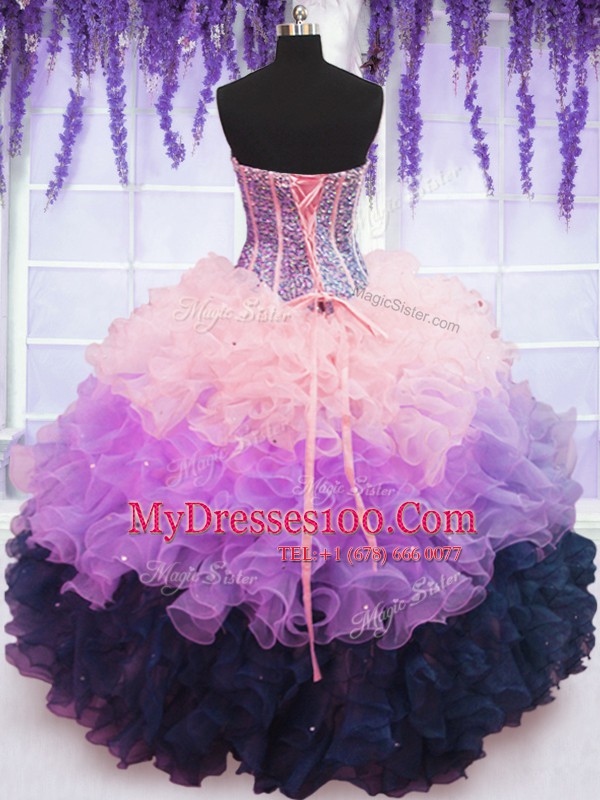 Colorful Sweetheart Sleeveless 15 Quinceanera Dress Floor Length Beading and Ruffles and Ruffled Layers Multi-color Organza