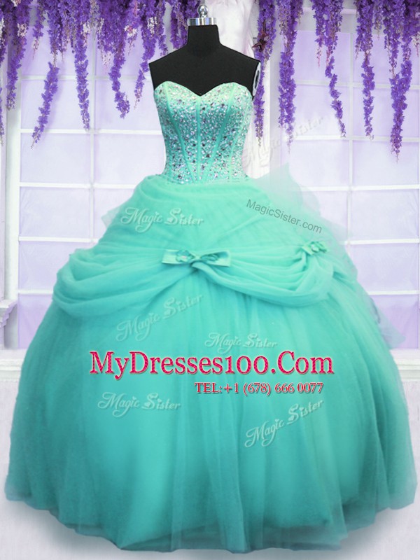 Sweet Aqua Blue Ball Gowns Tulle Sweetheart Sleeveless Beading and Sequins and Bowknot Floor Length Lace Up Quince Ball Gowns