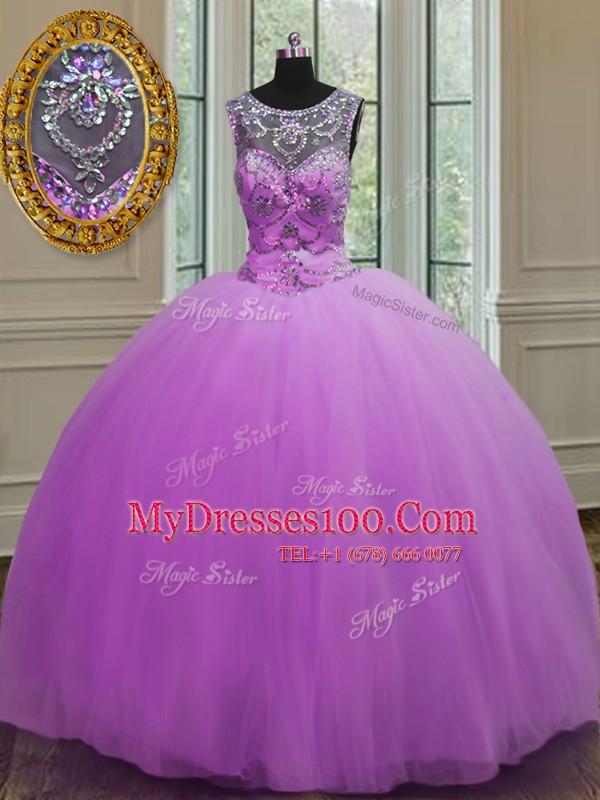 Designer Halter Top Purple Sleeveless Floor Length Beading Lace Up Quinceanera Gown