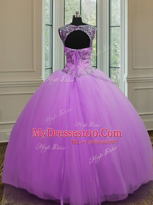 Designer Halter Top Purple Sleeveless Floor Length Beading Lace Up Quinceanera Gown
