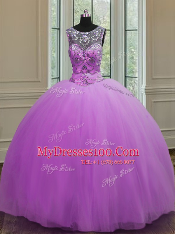 Designer Halter Top Purple Sleeveless Floor Length Beading Lace Up Quinceanera Gown