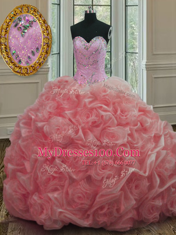 Sumptuous Watermelon Red Organza Lace Up Quinceanera Gowns Sleeveless Sweep Train Beading