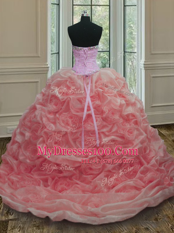 Sumptuous Watermelon Red Organza Lace Up Quinceanera Gowns Sleeveless Sweep Train Beading