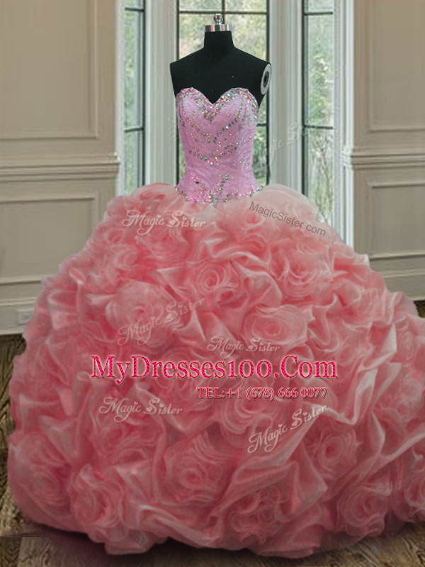Sumptuous Watermelon Red Organza Lace Up Quinceanera Gowns Sleeveless Sweep Train Beading