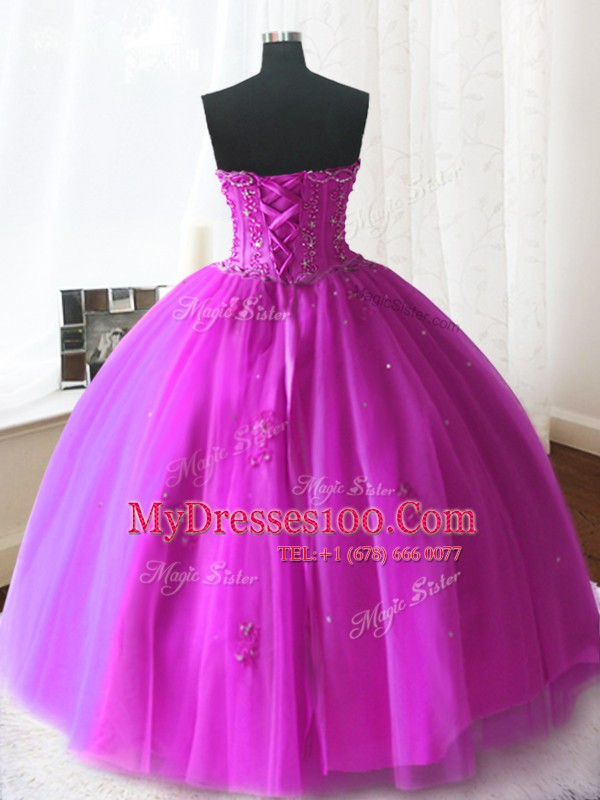 Graceful Fuchsia Lace Up Vestidos de Quinceanera Beading and Appliques Sleeveless Floor Length
