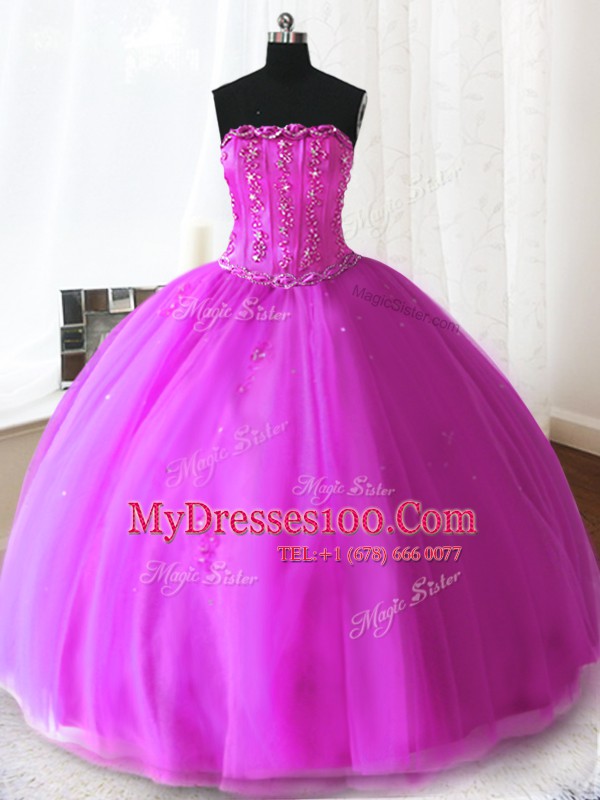 Graceful Fuchsia Lace Up Vestidos de Quinceanera Beading and Appliques Sleeveless Floor Length