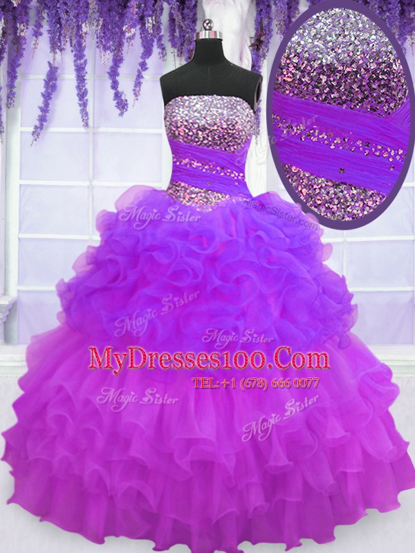 Unique Multi-color Organza Lace Up Vestidos de Quinceanera Sleeveless Floor Length Beading and Ruffled Layers and Pick Ups