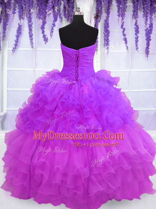 Unique Multi-color Organza Lace Up Vestidos de Quinceanera Sleeveless Floor Length Beading and Ruffled Layers and Pick Ups