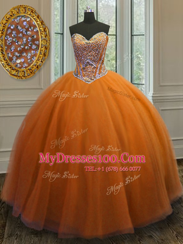Orange Ball Gowns Taffeta Sweetheart Sleeveless Beading Floor Length Lace Up 15th Birthday Dress