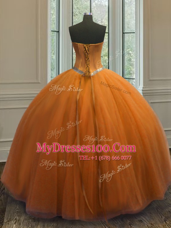 Orange Ball Gowns Taffeta Sweetheart Sleeveless Beading Floor Length Lace Up 15th Birthday Dress