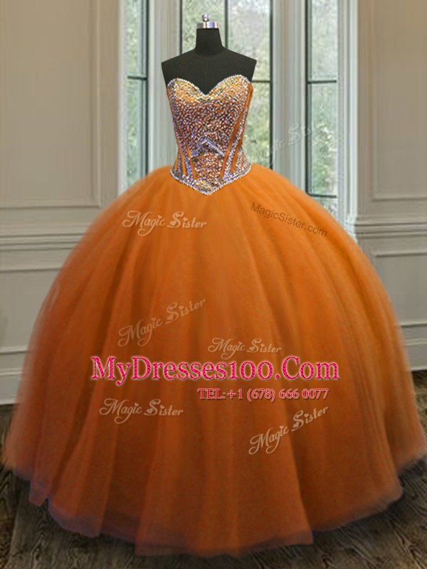 Orange Ball Gowns Taffeta Sweetheart Sleeveless Beading Floor Length Lace Up 15th Birthday Dress