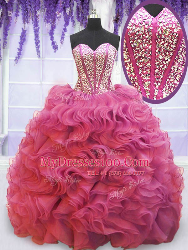 Pink Organza Lace Up Quince Ball Gowns Sleeveless Sweep Train Beading and Ruffles