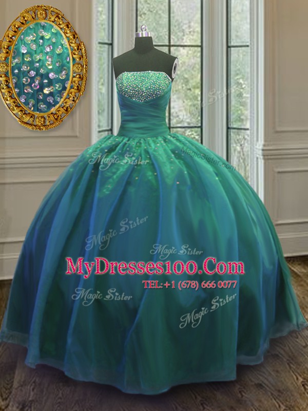 Teal Ball Gowns Organza and Taffeta Strapless Sleeveless Sequins Floor Length Lace Up Quinceanera Dress