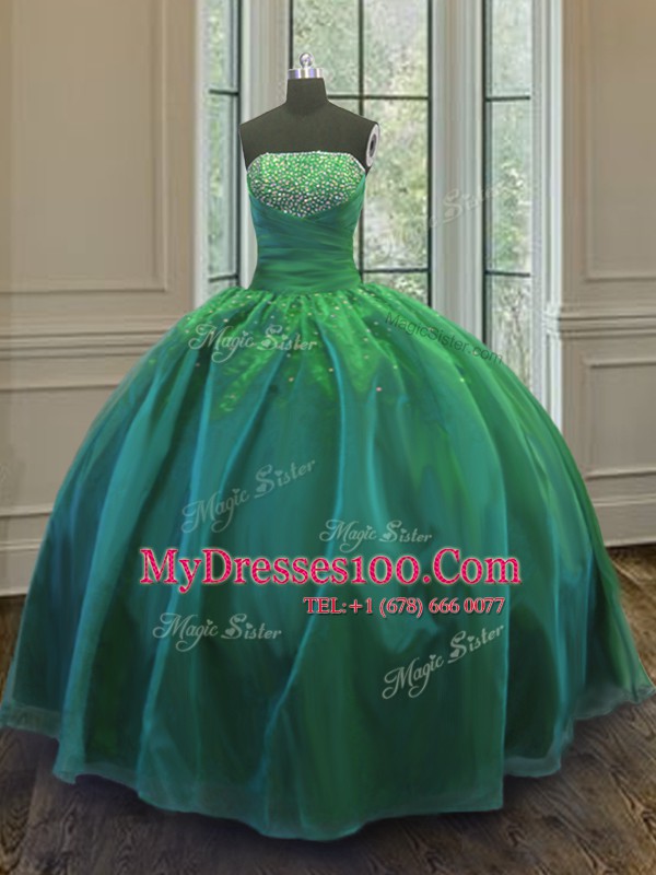 Teal Ball Gowns Organza and Taffeta Strapless Sleeveless Sequins Floor Length Lace Up Quinceanera Dress