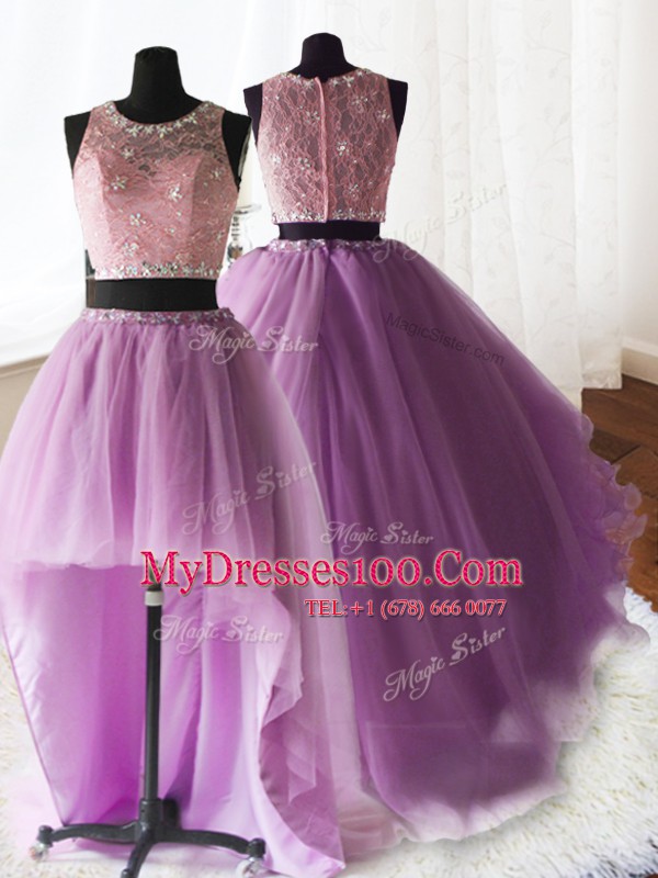 Three Piece Scoop Lilac Zipper Quinceanera Dresses Beading and Lace and Ruffles Sleeveless With Brush Train