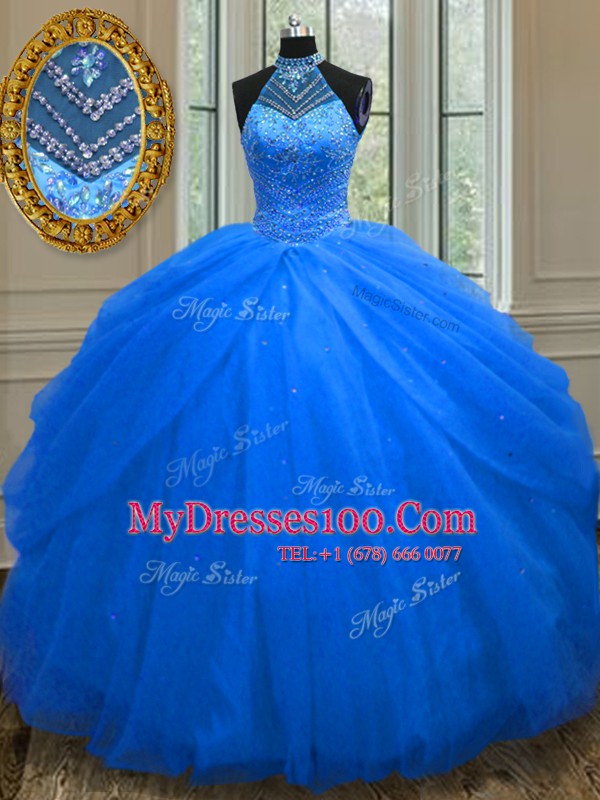 Halter Top Royal Blue Tulle Lace Up Sweet 16 Quinceanera Dress Sleeveless Floor Length Beading
