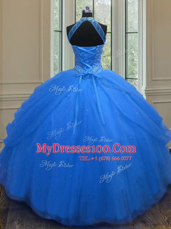 Halter Top Royal Blue Tulle Lace Up Sweet 16 Quinceanera Dress Sleeveless Floor Length Beading