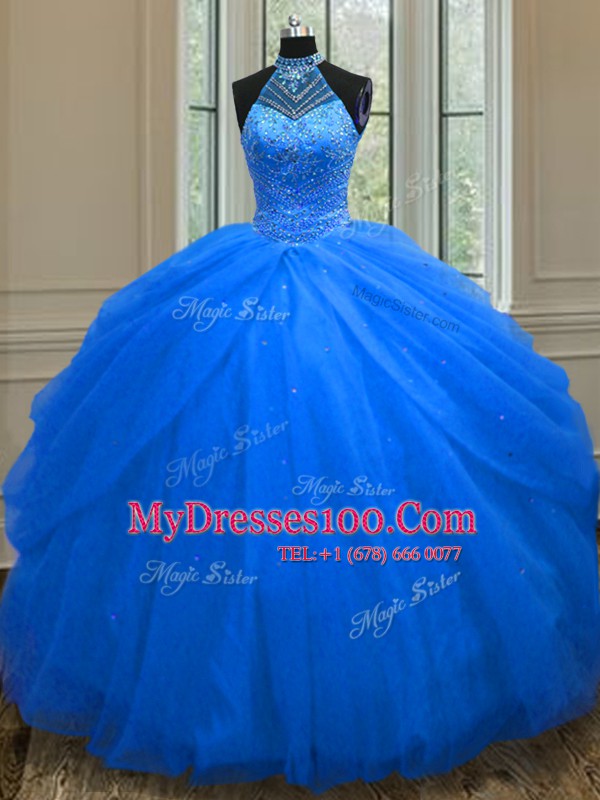 Halter Top Royal Blue Tulle Lace Up Sweet 16 Quinceanera Dress Sleeveless Floor Length Beading