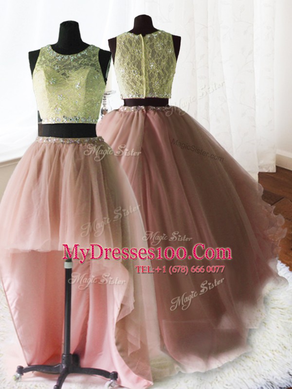 Best Three Piece Baby Pink Organza and Tulle and Lace Zipper Scoop Sleeveless With Train Quince Ball Gowns Brush Train Beading and Lace and Ruffles