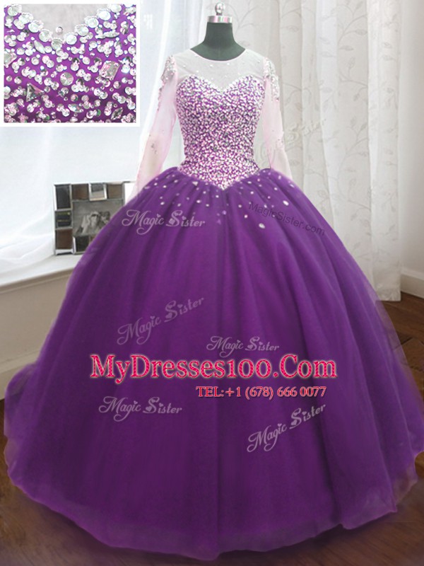 On Sale Scoop Beading and Sequins Sweet 16 Dress Purple Lace Up Long Sleeves Sweep Train