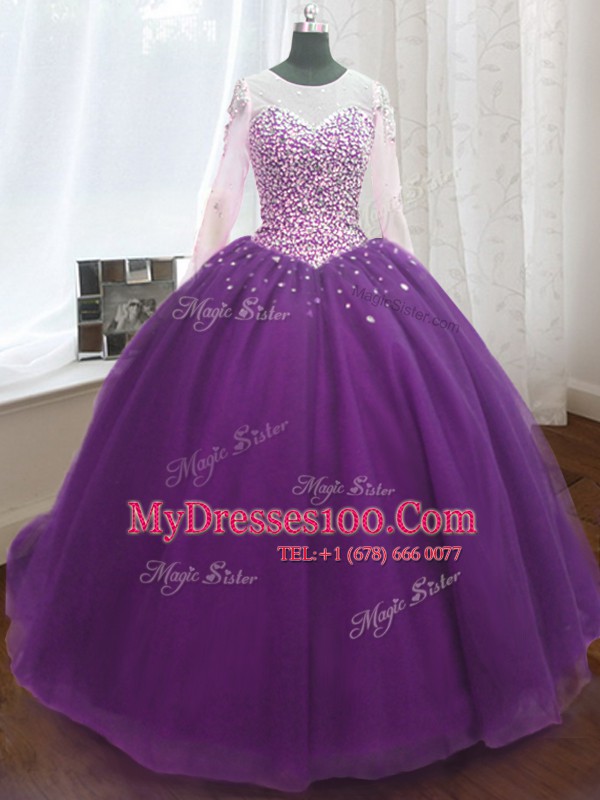 On Sale Scoop Beading and Sequins Sweet 16 Dress Purple Lace Up Long Sleeves Sweep Train