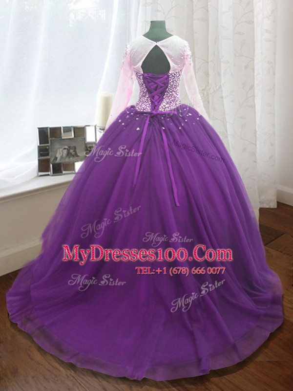 On Sale Scoop Beading and Sequins Sweet 16 Dress Purple Lace Up Long Sleeves Sweep Train