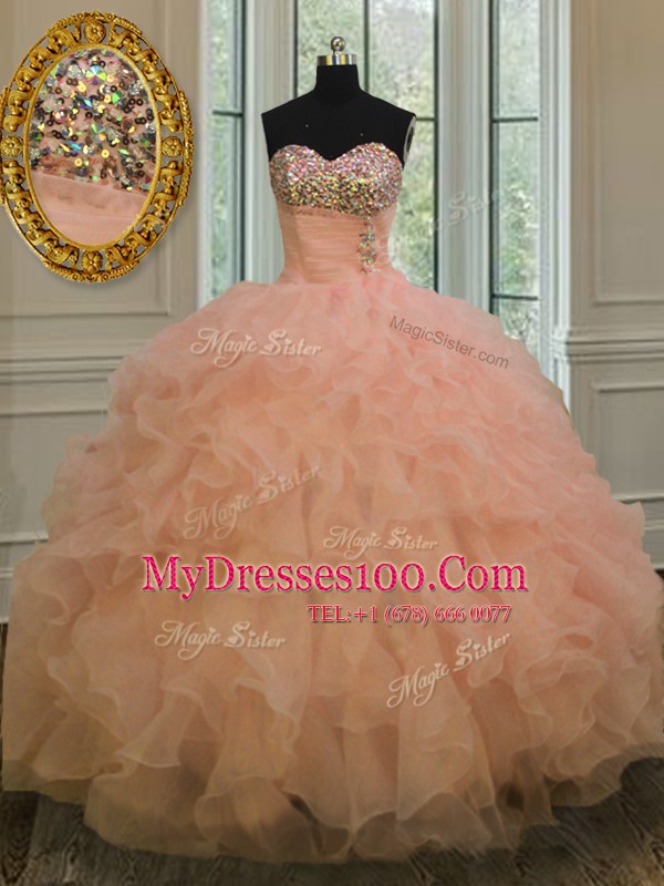 New Style Peach Lace Up Sweet 16 Quinceanera Dress Beading and Ruffles Sleeveless Floor Length