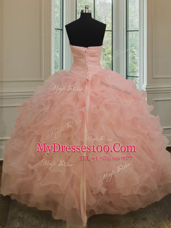 New Style Peach Lace Up Sweet 16 Quinceanera Dress Beading and Ruffles Sleeveless Floor Length