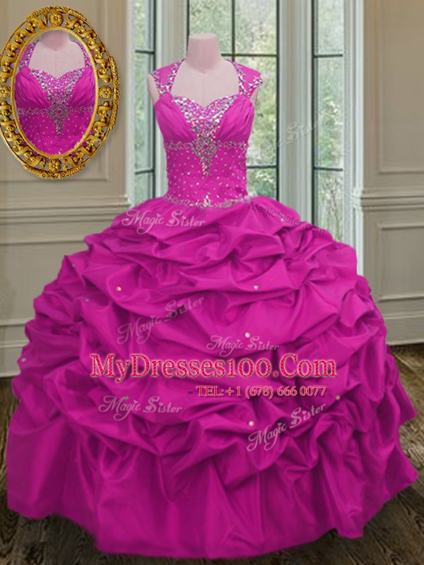 Custom Made Straps Cap Sleeves Floor Length Lace Up Quince Ball Gowns Fuchsia for Military Ball and Sweet 16 and Quinceanera with Beading and Pick Ups