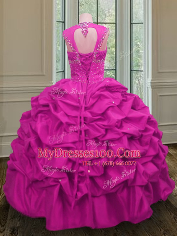 Custom Made Straps Cap Sleeves Floor Length Lace Up Quince Ball Gowns Fuchsia for Military Ball and Sweet 16 and Quinceanera with Beading and Pick Ups
