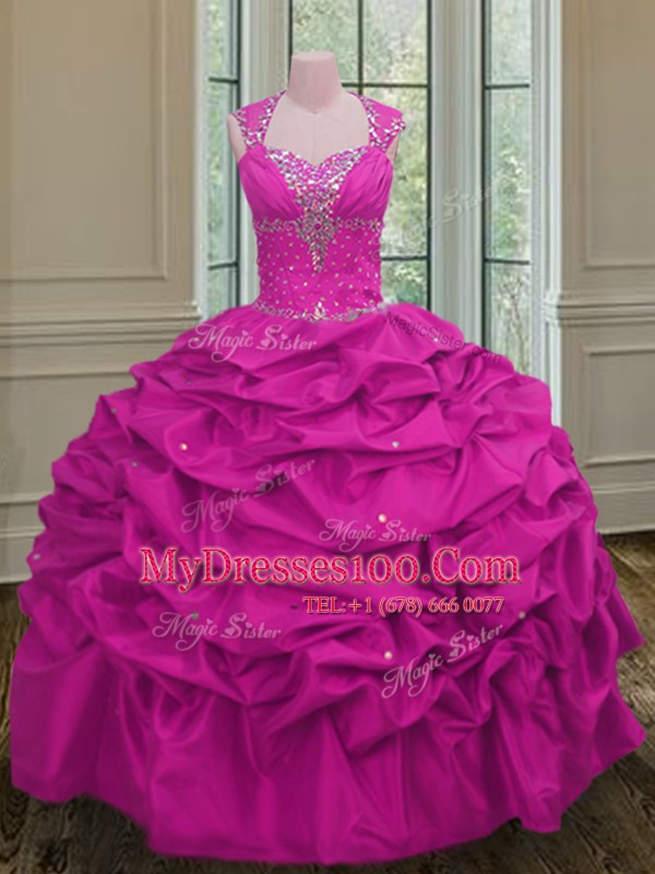 Custom Made Straps Cap Sleeves Floor Length Lace Up Quince Ball Gowns Fuchsia for Military Ball and Sweet 16 and Quinceanera with Beading and Pick Ups