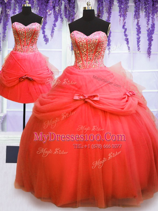 Custom Designed Three Piece Sweetheart Sleeveless Lace Up Quinceanera Dress Coral Red Tulle