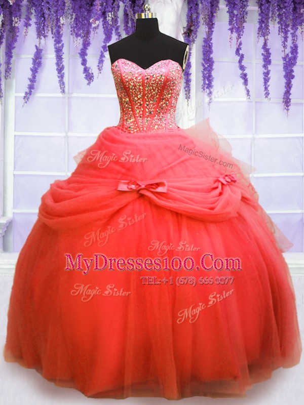 Custom Designed Three Piece Sweetheart Sleeveless Lace Up Quinceanera Dress Coral Red Tulle