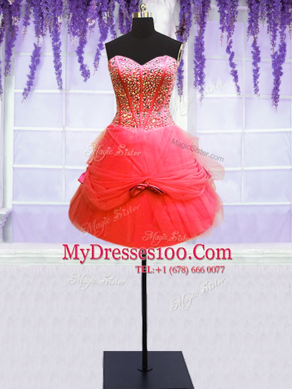 Custom Designed Three Piece Sweetheart Sleeveless Lace Up Quinceanera Dress Coral Red Tulle