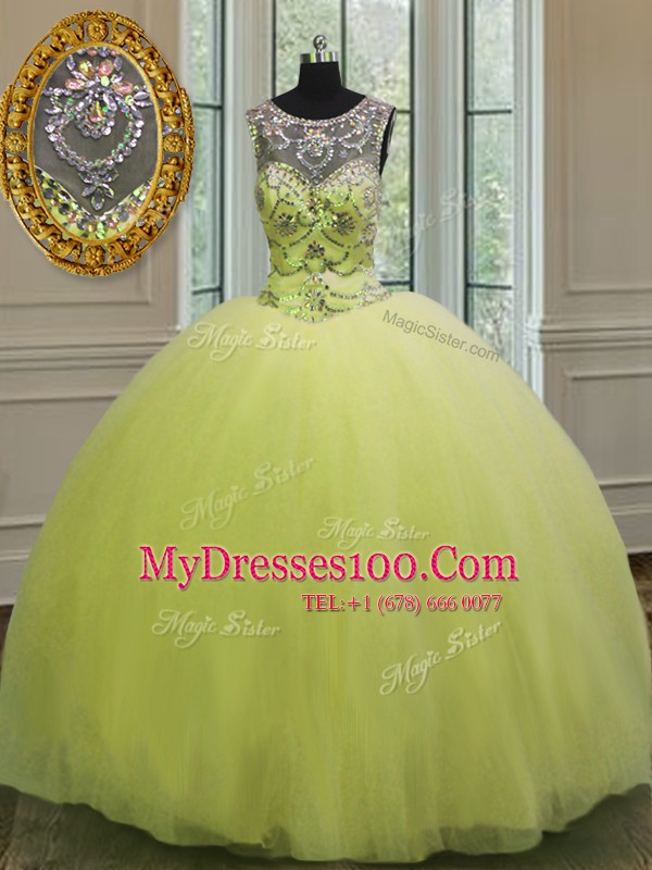 Yellow Green Ball Gowns Sweetheart Sleeveless Tulle Floor Length Lace Up Beading Sweet 16 Dresses