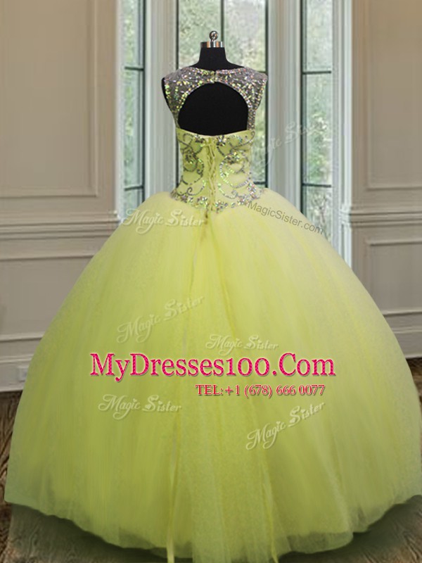 Yellow Green Ball Gowns Sweetheart Sleeveless Tulle Floor Length Lace Up Beading Sweet 16 Dresses
