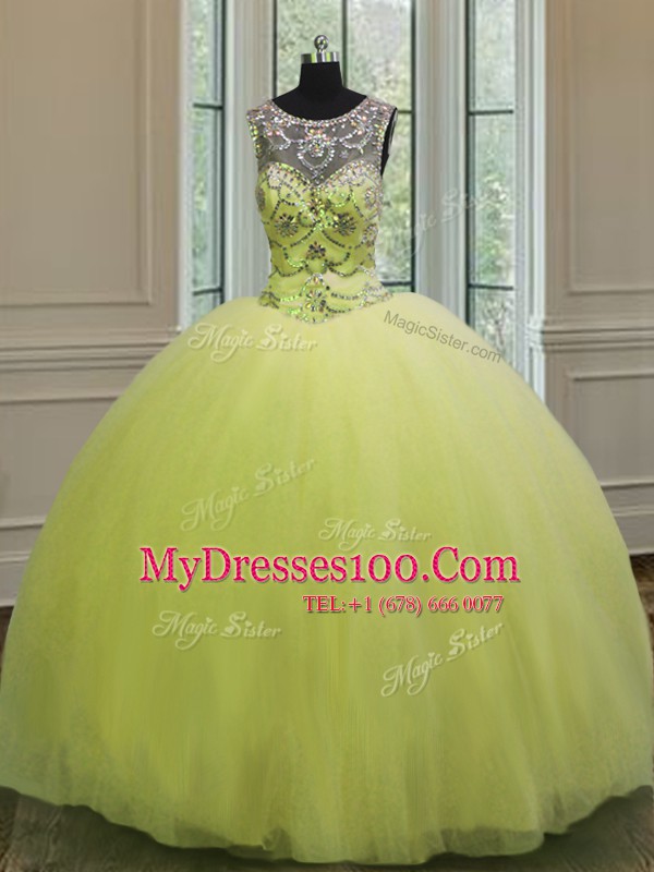 Yellow Green Ball Gowns Sweetheart Sleeveless Tulle Floor Length Lace Up Beading Sweet 16 Dresses