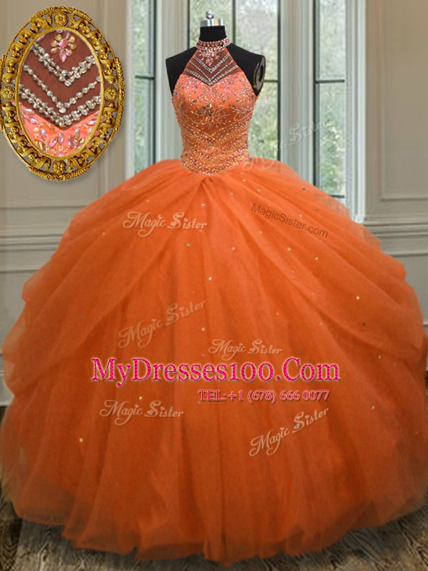 Halter Top Orange Red Ball Gowns Beading Sweet 16 Dress Lace Up Tulle Sleeveless Floor Length